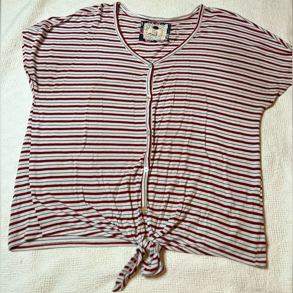 Striped Red and White Button-Down Tie-Front Top